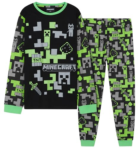 Minecraft Conjunto de Pijama Niño, Pantalón y Camiseta Largos - Regalo Niños y Adolescentes (Negro/Verde,9-10 años)