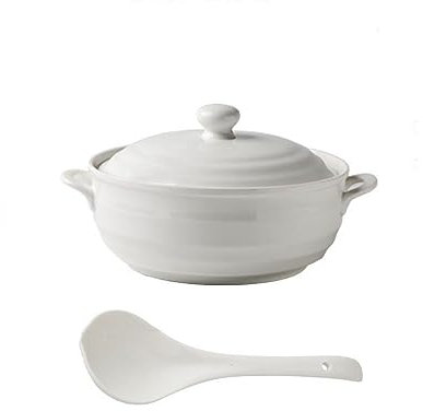 Zuppiera in Ceramica Bianca con Doppio Manico Zuppiera Piatto Rotondo in Ceramica Bianca Casseruola/Pentola di Argilla/Pentola di Terracotta/Pentole in Ceramica con Coperchio Resistente al Calore,1200