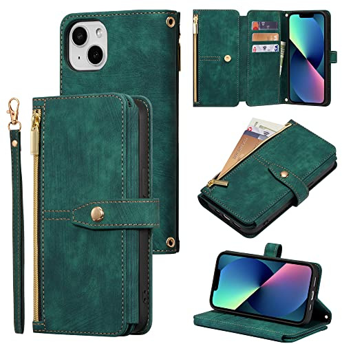 ZCDAYE Wallet Case for iPhone 15, Premium Leather Phone Case Women Ladies Holster with Card Slots Wrist Strap Zipper Flip Phone Cover for iPhone 15 (6.1 inches), Green
