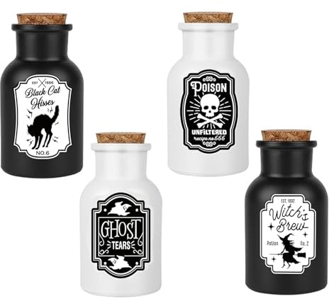 Sarybei Halloween Decorations for Home - Set of 4 Apothecary Potion Bottles with stickers - Scary Witch Poison Ghosts Black Cat Farmhouse Tiered Tray Decor For Home Table Party Supplies