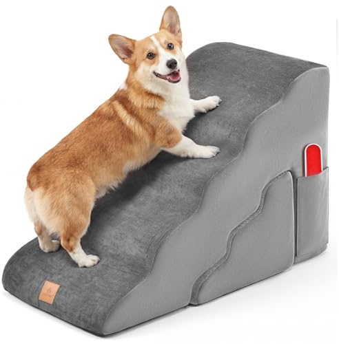 COSTWAY Dog Steps Stairs, 4/5-Step Pet Ramp with Removable Washable Cover, High Density Foam, Lint Roller, Non Slip Cats Dogs Ladder for Bed Sofa (5-Step, Grey)