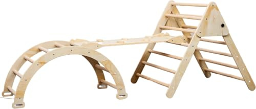 Buxibo XXL Structure d'escalade - Triangle Pliable + Arche d'escalade + Rampe avec Toboggan - Mobilier Montessori en Bois - Naturel - 210x83x81 cm
