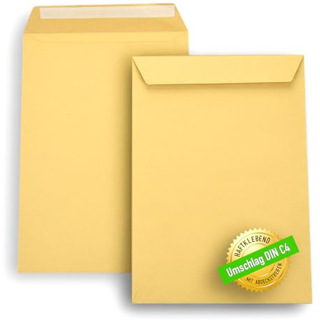 Ecocleo® Briefumschläge DIN C4, Große Versandtaschen ohne Fenster Braun, 229 × 324 mm, | 50 Stück, Haftklebend mit Schutzfolie | Umschlag Groß, Briefkuvert Fensterlos, Envelope für A4