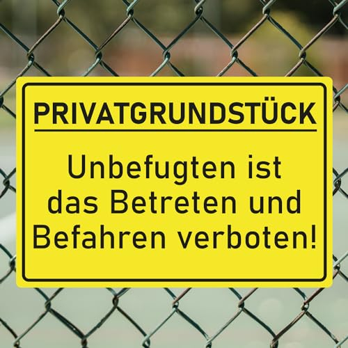 BilderKing Schild Privatgrundstück betreten und befahren verboten - 30x20cm großes Alu-Dibond Hinweisschild Warnschild Verbotsschild in Signalgelb Warngelb - Wetterfest, kratzfest, UV-Schutz