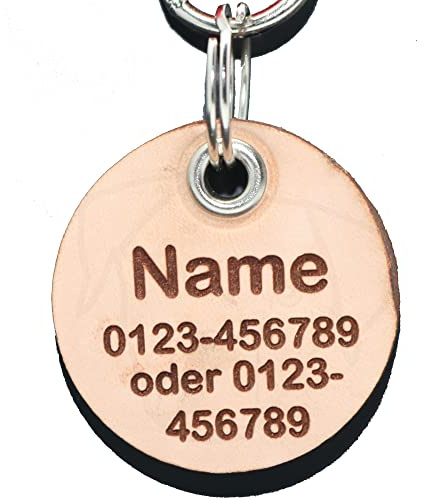 creathi Anhänger rund naturbraun (Kreis) fürs Halsband personalisiert ECHTES LEDER! Hundemarke geräuscharm
