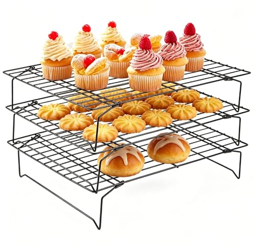 3 Tier Collapsible Cooling Rack for Baking, Stackable Wire Cookie Rack | Stainless Steel Folding Legs for Biscuit Pizza Bread Cake Baking