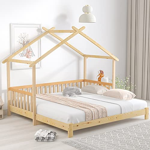 Kinderbett 90/180x200cm, Erweiterbares Baumhausbett, Hausbett mit ausziehbarem Bett, Funktionsbett Tagesbett Gästebett Holzbett Jugendbett Einzel- und Doppelbett mit Lattenrost, Massivholz, Natur
