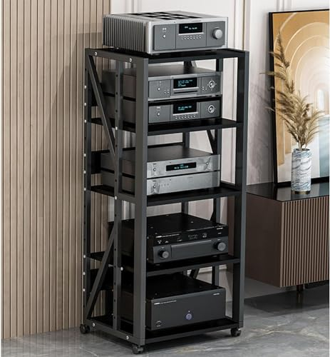 SHAIRMB 3/4/5-StöCkig AudiostäNder, Holz-Eckregal, Mediaplayer-StäNder, Beweglicher Av-Mediaplayer-StäNder, Bodenstehend Multifunktional Regalschrank, FüR Zuhause/BüRo/Kino,Schwarz,5 Tier