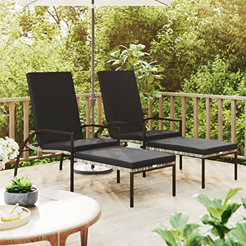 Iiaky Sonnenliegen 2 STK. mit Fußhocker PE-Rattan Grau Gartenliege Sonnenliegen BalkonmöBel Lounge Sessel Outdoor Liegen Garten