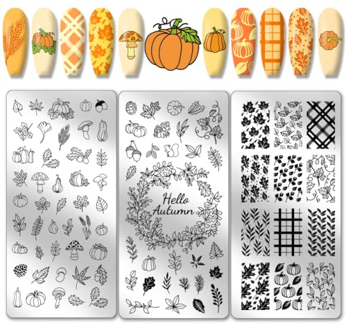 PH PandaHall Herbst Erntedank Thema Nagel Stamping Platte 88 Muster Edelstahl-Nagelschablone 3PCS Blätter Kürbisse Plaid Herbst Segen Nail Art Platte für Nail Art Design 12x6cm