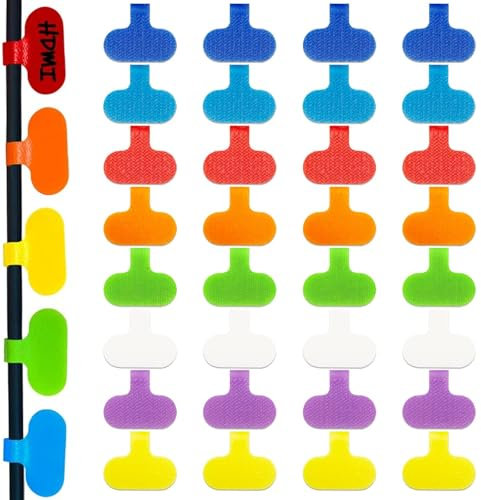 PMELCXD Premium Kabel Etiketten und Kabel Organizer - Wiederverwendbare Kabeletiketten für klare Kabelbeschriftung - 32 Stück Klett Kabelbinder und Kabelmarkierer inklusive