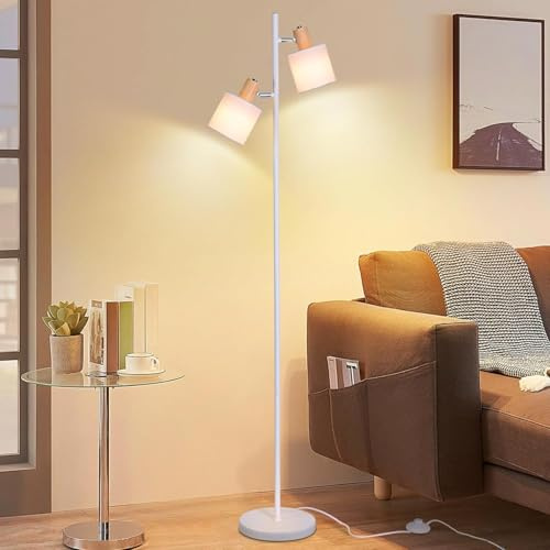 CBJKTX Stehleuchte Wohnzimmer Stehlampe Vintage - 2 Flammig E14 Standlampe Stoffschirm Weiß Retro Industrial Standleuchte Schwenkbar Leselampe mit Fußschalter für Schlafzimmer Büro (ohne Leuchtmittel)