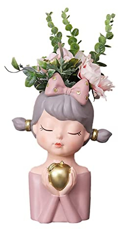 IZHIUTP Bonita maceta para niña, bonita maceta para suculentas, moderna cara de niña para mini suculentas, cactus, plantas, decoración del hogar de oficina (Sección A: niña manzana dorada)