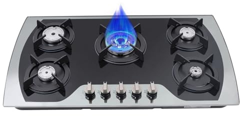Piano cottura a gas con 5 fuochi, 90 x 51 cm, vetro temperato nero integrato, fornello a gas naturale a 5 fuochi, per gas naturale e gas propano