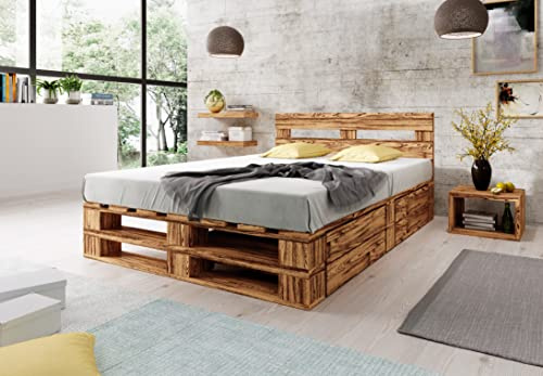Lermowood Palettenbett M2 aus Holz 160 x 200 cm Geflammt mit Kopfteil und 2 Bettkästen Holzbett 30cm Stabiles Seniorenbett Kinderbett Jugendbett Gästebett erhöhtes Bettgestell Komforthöhe Naturholz