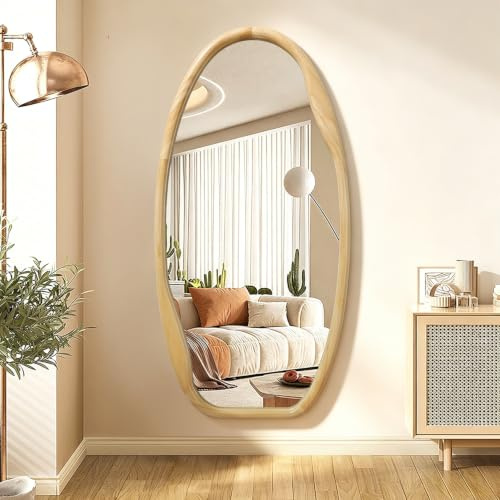 JJUUYOU Unregelmäßiger Wandspiegel mit Holzrahmen, asymmetrischer Spiegel für die Wand, 100 x 50 cm, dekorativer Holzspiegel zum Aufhängen, für Badezimmer, Schlafzimmer, Wohnzimmer, Garderobe