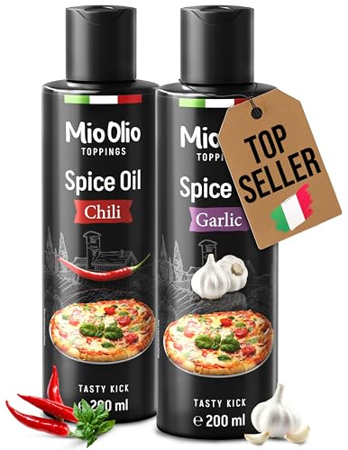 Coffret d’huiles aromatisées MioOlio – 1×200 ml ail & 1×200 ml piment – idéales pour cuisiner, rôtir et assaisonner – doseur pratique – pour pâtes, pizzas, viande, poisson et légumes