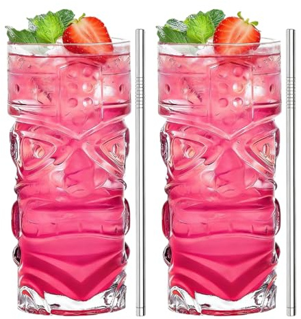 unbholkk 2 Stück Clear Tiki Gläser, Cocktail Gläser Set, Tiki Becher Cocktailgläser für Hawaiian Style Cocktails, Mai Tai, Exotische Cocktails, Party, Camping