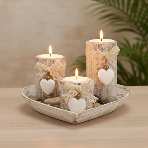Yocdunm Wooden Candle Holders with Tray Decorative Rocks,Home Decorations 3 Tea Light Candleholders Set Table Decor Gift for Living Room Bathroom, House Warming Gifts (Heart)