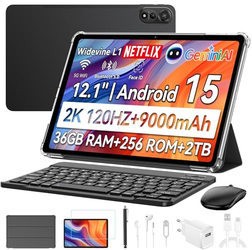 Blackview Mega2 Android 15 Tablet 12 Zoll, 24GB RAM+256GB ROM, 2K FHD Gaming Tablet mit Tastatur Maus Stift Kopfhörer, 4G LTE+5G WiFi, 9000 mAh, WideVine L1, Dual Kamera, Face ID, GPS, Hülle