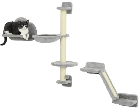 PawHut Juego de Pared de Escalada para Gatos de 3 Piezas con Hamaca Gris | Estanterías de Pared para Gatos, Rampa con Rascador, Plataforma en Forma de Nube para Saltar
