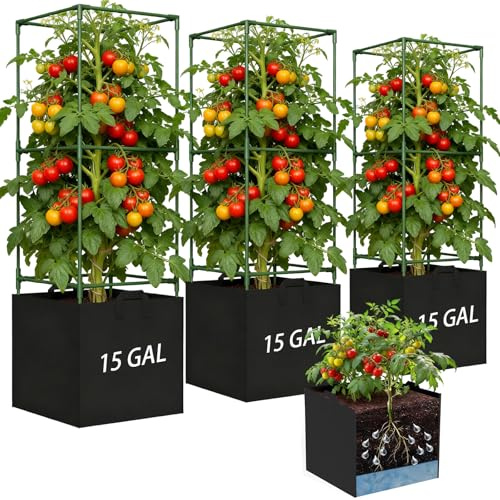 Tomatenkäfige mit Pflanzbeuteln, 3er-Pack, 122 cm Höhe, Schwerlast, Quadratisch, Rankgitter für Kletterpflanzen, Gemüse, Blumen, Obst, 65 Liter Pflanzsäcke