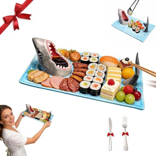 CHANGYUE Shark Sushi Plate, 3 in 1 Shark Charcuterie Board with Serving Area, Sauce Bowl & Chopstick Rest, Funny 3D Ceramic Sauce Holder Serving Tray for Dining Kitchen Decor (Sky Blue Style 2)