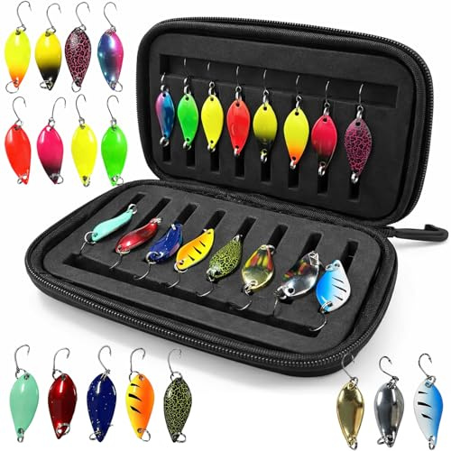 kelav 16 Señuelos Cucharilla para Trucha, Set de Spinners 2.5g/3.5g/5g con Anzuelos Triples y Bolsa, para Pesca en Río y Lago
