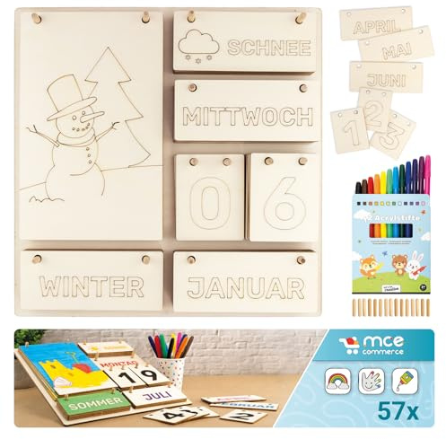 MCE-Commerce Holz Dauerkalender Bastelset 57-teilig – Interaktiver Kalender für Kinder zum Bemalen mit 12 Acrylstiften – 30x30 cm – Made in Germany – ab 3 Jahren
