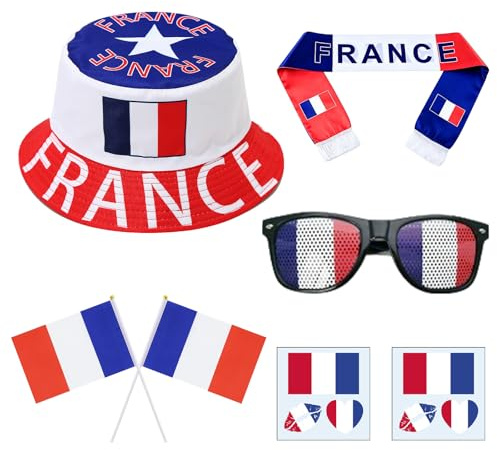 AHEZQILU Kit Supporter France 7 Pièces, Football Accessoire Chapeau avec Lunettes, Drapeaux et Tatouages, Idéal Lors des Soirées de Match pour Garçons et Filles
