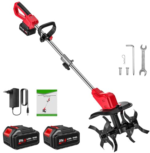 Akku Bodenhacke, Akku Gartenfräse mit 2 x 4.0Ah Akkus, 21V 550W mit LED-Anzeige & 6000 RPM, Breite 30 cm Tiefe 22 cm, Elektrischer Kultivator Geeignet für Gemüsegarten, Rasenpflege und Vorbereitung