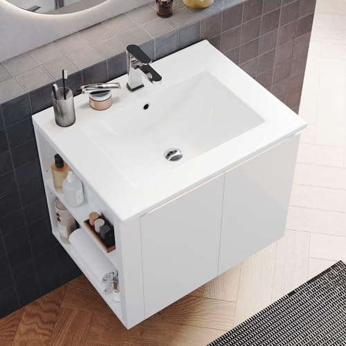 SUNXURY Waschbecken mit Unterschrank, waschbeckenunterschrank mit waschbecken Set 60 x 50 x 50 cm, badezimmerschrank Hängend mit LED-Lichtleiste, Hochglanz Weiß