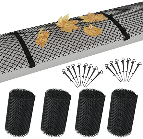 Runheo Rete per grondaia in HDPE da 1,08 m², 4 pezzi, con 60 clip, 600 x 18 cm, protezione dalle foglie per grondaia, accessori per grondaia, casetta da giardino, tettoia, garage, capanno