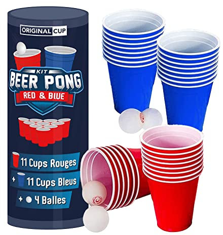 Offizielles Beer Pong Kit | Partybecher und Beer Pong Bälle | Premium Qualität | 22 Cups (11 rot und 11 blau) | 4 Bälle | Wiederverwendbar | Trinkspiel | Partyspiel | OriginalCup®