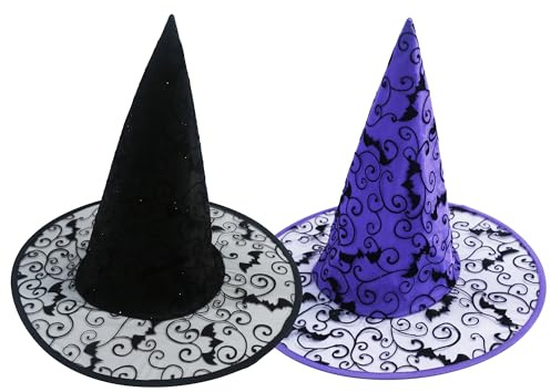 Hooin Sombrero de bruja de Halloween - Sombreros de fiesta de bruja/mago con telaraña de Halloween. Paquete de 2 (negro y morado)