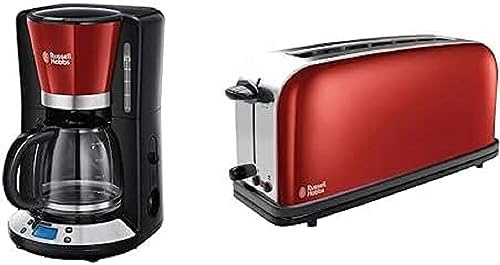 Russell Hobbs Digitale Kaffeemaschine Colours+ rot, 1,25l Glaskanne, bis 10 Tassen & Toaster Langschlitz Colours+ rot, extra breite 1 Langschlitzkammer, 6 Bräunungsstufen + Auftaufunktion
