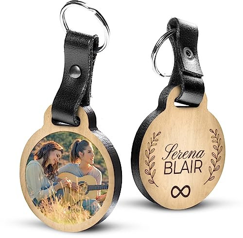 Porte-clé Personnalisable Meilleure Amie avec photo en bois de chêne et cuir véritable - idée de cadeau personnalisé - message inclus 2 prénoms gravés (4,8 x 5,6 cm)