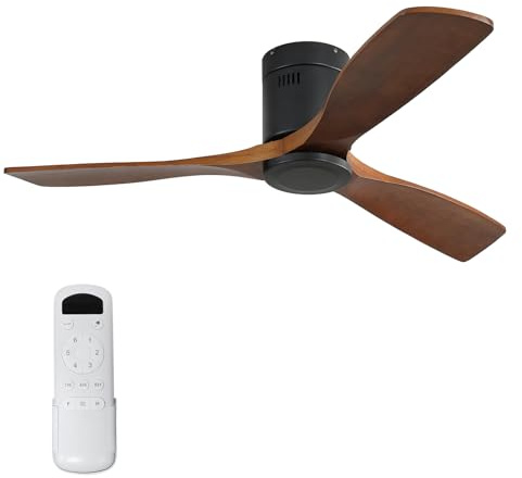 Sofucor 52 Inch Low Profile Ceiling Fans No Light, Modern Flush Mount Solid Wood Ceiling Fan with Airflow 5000CFM, Quiet DC Motor, 6 Speeds, Timer & Reversible for Bedroom Living Room, ETL, Walnut