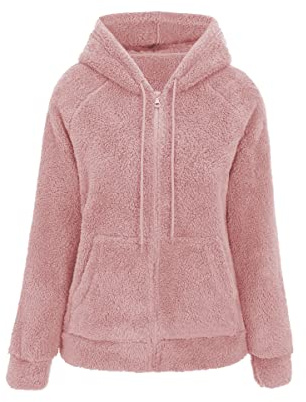 RISISSIDA Women Sherpa Jacket Faux Fur Fleece Short Coat with Hood Fall Spring Fuzzy Fluffy Furry Plush Lightweight Transitional Zip Up Hoodie Pink M