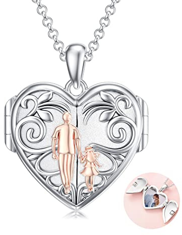 enjoylifecreative Halskette mit Herz-Anhänger und Medaillon aus Sterlingsilber, mit Aufschrift Dad Mom I Love You Forever, Geschenk zum Geburtstag, Schulabschluss, Schmuck, Sterling Silber