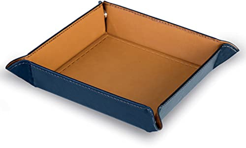 Vassoio porta oggetti svuota tasche bicolore con chiusura a bottoni in poliuretano. Utile porta oggetti da scrivania (Blu/Terra di Siena)