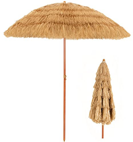 KOMFOTTEU Sombrilla de Playa Hawaiana Ø 155 cm, Parasol de Paja PP Inclinable con Ancla y 8 Varillas, Portátil para Jardín y Balcón - Estilo Tiki