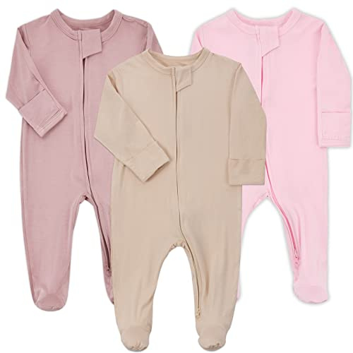 Aablexema Baby Pajamas Bamboo Rayon Zipper, 3pcs Unisex Infant Outfit with Mitten One Piece Footie Sleepwear(Beige & Pink & Purple,0-3m)