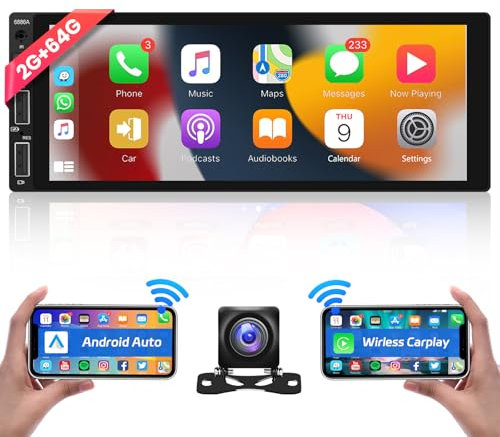 Hodozzy 2G 64G Android 13 Wireless Carplay Android Auto, Autoradio 1 Din 6,86 Zoll Touchscreen Bildschirm Autoradio GPS Navi Wi-Fi,Radio 1 Din Bluetooth FM/RDS USB AUX Eingang/EQ SWC+Rückfahrkamera