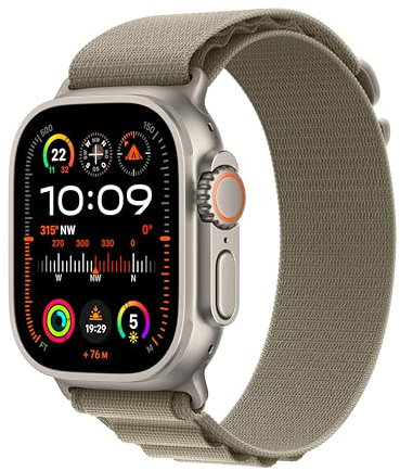 Apple Watch Ultra 2 (GPS + Cellular, 49 mm) Smartwatch mit robustem Titangehäuse und Alpine Loop Armband (Large) in Olivgrün. Fitnesstracker, präzises GPS, extra Lange Batterielaufzeit, CO₂ neutral