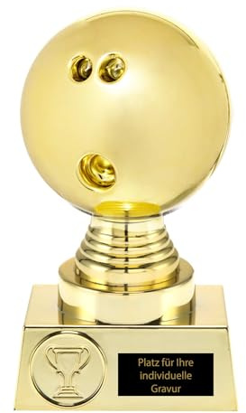 Bowling Pokal 16,5 cm Gold Trophäe - Award mit Individueller Wunschgravur | Robuste Kunststofftrophäe für Sieger von Turnieren, Vereinsfeiern und Bowlingabende, Personalisiertes Design in Gold Optik
