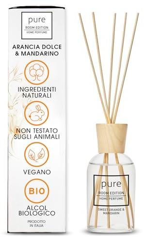 PURE ROOM EDITION 250ml Raumduft Orange & Mandarine: natürliche Inhaltsstoffe, vegan & tierversuchsfrei, Bio-Alkohol, Diffuser mit Stäbchen hergestellt in Italien