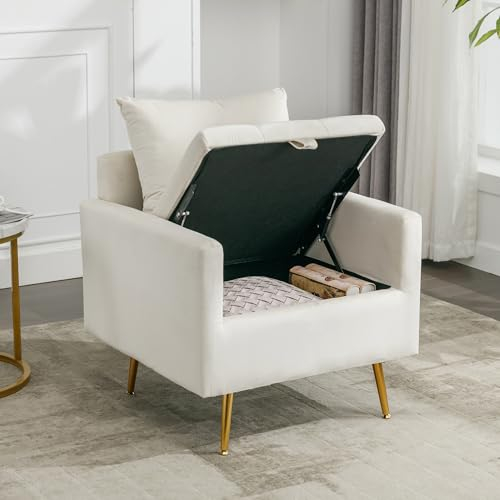 KecDuey Loungesessel,Sessel minimalistischer Samtstuhl,Ottomane mit Stauraum, Dekokissen und Armlehnen-Loungesessel mit goldenen Metallbeinen (Weiß)