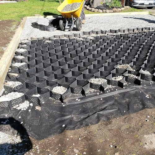 ELzEy Hochfestes Kiesgitter für den Außenbereich, schwarzes, rutschfestes, durchlässiges Gartengitter, breites Geocell-Geogitter-System für Landschaftsgestaltung (Größe: 10 m x 6 m)