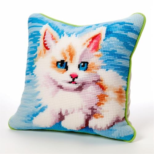 DIY knüpfkissen mit vordruck Katze Tier Teppich Kissen Kissenbezug Bastelset, Knüpfsets Stickerei für Erwachsene und Anfänger 17x17in B